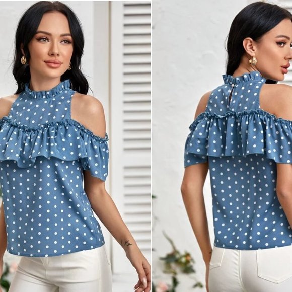Sale ⭐️ NEW!! Size 8/10 Cold Shoulder Polka Dot Ruffle Trim Blouse - Picture 2 of 2